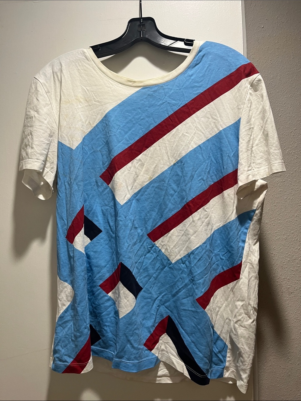 Burberry White Short-Sleeve Tee with Light Blue and Red Graphic Stripes